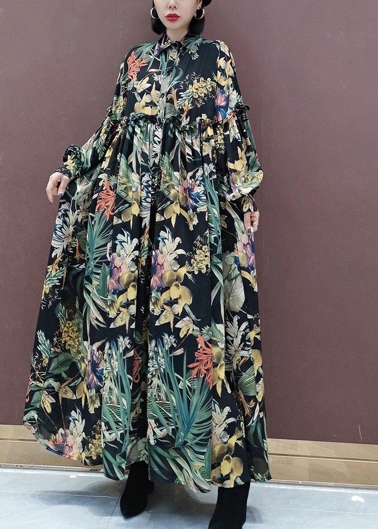 Italian Stand Collar Cinched Spring Dress Runway Green Print Loose Dress - republicanstateiItalian Stand Collar Cinched Spring Dress Runway Green Print Loose Dress - republicanstatei