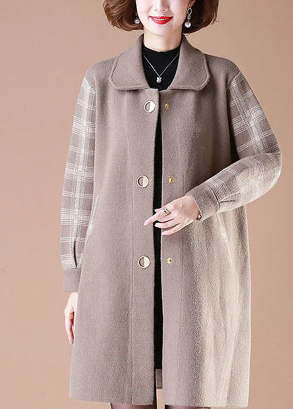 Beige Patchwork Plaid Woolen Coats Turn-down Collar Button Long Sleeve - republicanstateiBeige Patchwork Plaid Woolen Coats Turn-down Collar Button Long Sleeve - republicanstatei