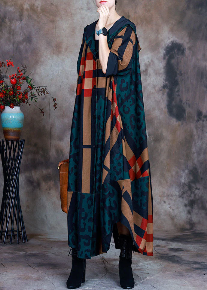Plus Size Green Hooded Plaid Leopard Patchwork Cotton Trench Coat Long Sleeve - republicanstateiPlus Size Green Hooded Plaid Leopard Patchwork Cotton Trench Coat Long Sleeve - republicanstatei