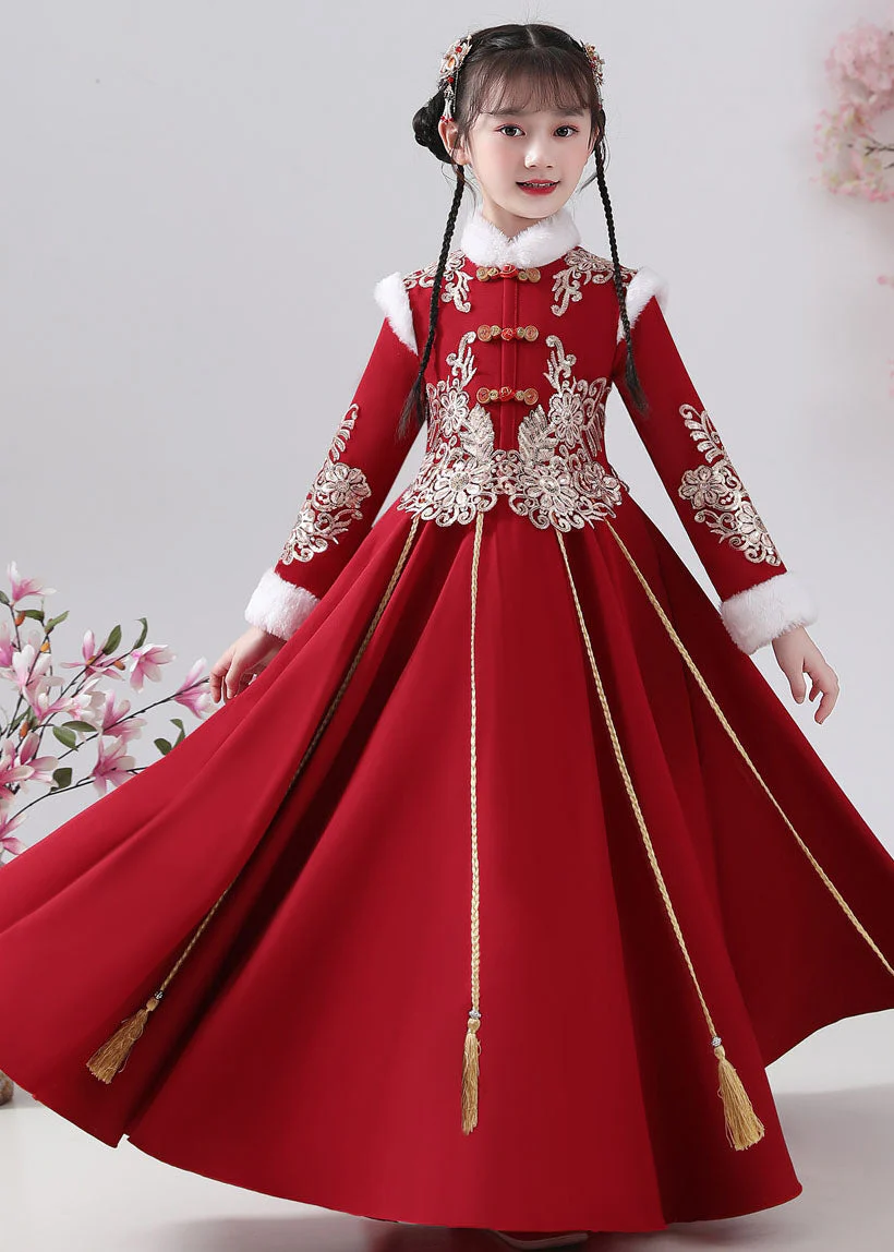 New Red Fur Collar Embroideried Button Warm Fleece Girls Maxi Dresses Winter - republicanstateiNew Red Fur Collar Embroideried Button Warm Fleece Girls Maxi Dresses Winter - republicanstatei