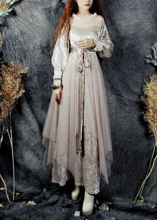 Beautiful Beige Hollow Out Tulle Patchwork Silk Velour Long Dresses Spring - republicanstateiBeautiful Beige Hollow Out Tulle Patchwork Silk Velour Long Dresses Spring - republicanstatei