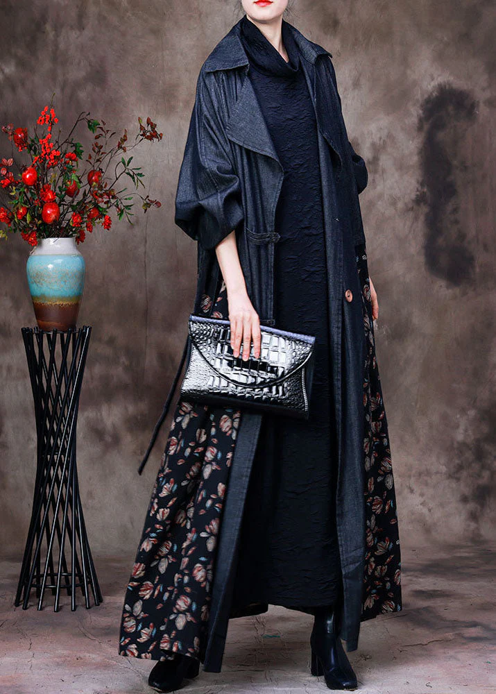 Unique Navy Peter Pan Collar Patchwork Print Cotton Denim Trench Long Sleeve - republicanstateiUnique Navy Peter Pan Collar Patchwork Print Cotton Denim Trench Long Sleeve - republicanstatei