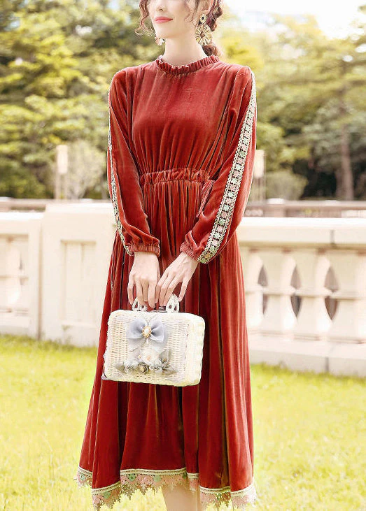 Plus Size Orange Cinched Patchwork Lace Silk Velour Long Dress Spring - republicanstateiPlus Size Orange Cinched Patchwork Lace Silk Velour Long Dress Spring - republicanstatei