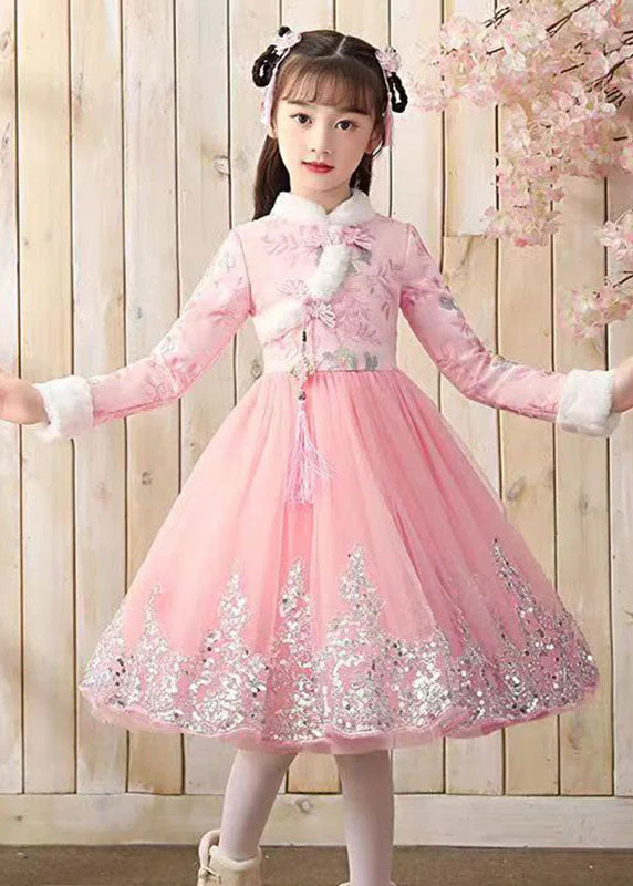 Elegant Red Fur Collar Sequins Patchwork Button Tulle Girls Long Dress Winter - republicanstateiElegant Red Fur Collar Sequins Patchwork Button Tulle Girls Long Dress Winter - republicanstatei