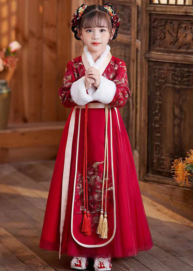 Cute Red Tie Waist Embroideried Patchwork Tulle Kids Maxi Dresses Long Sleeve - republicanstateiCute Red Tie Waist Embroideried Patchwork Tulle Kids Maxi Dresses Long Sleeve - republicanstatei