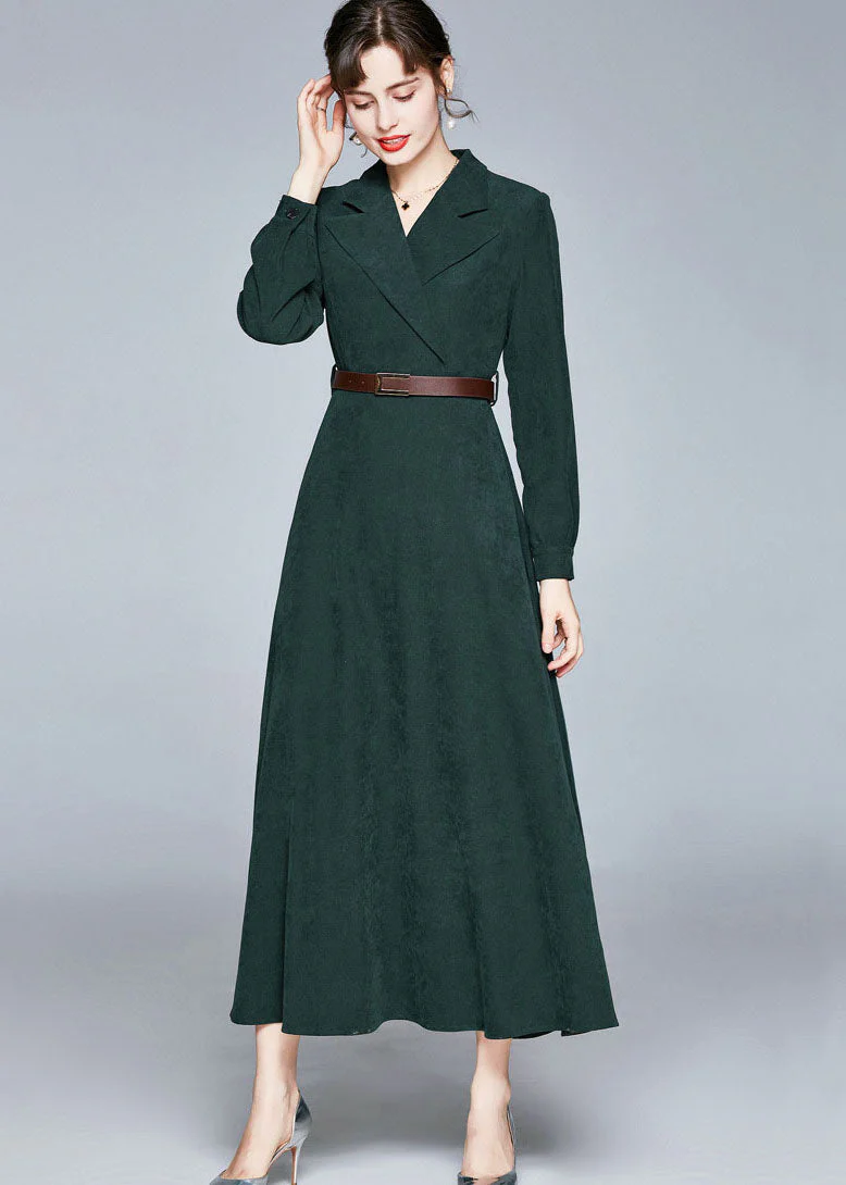 Fashion Army Green Notched Sashes Patchwork Corduroy Long Dresses Fall - republicanstateiFashion Army Green Notched Sashes Patchwork Corduroy Long Dresses Fall - republicanstatei