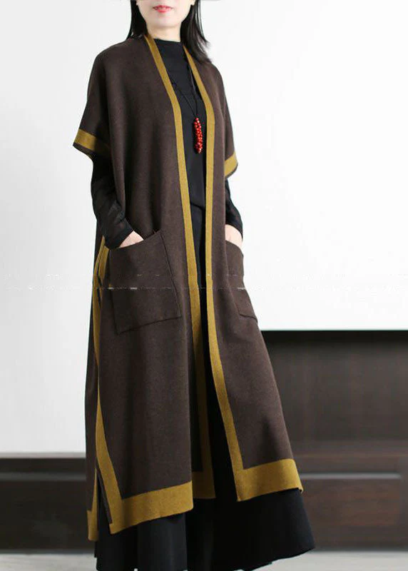 Simple Chocolate Oversized Patchwork Pockets Side Open Cotton Cardigan Short Sleeve - republicanstateiSimple Chocolate Oversized Patchwork Pockets Side Open Cotton Cardigan Short Sleeve - republicanstatei