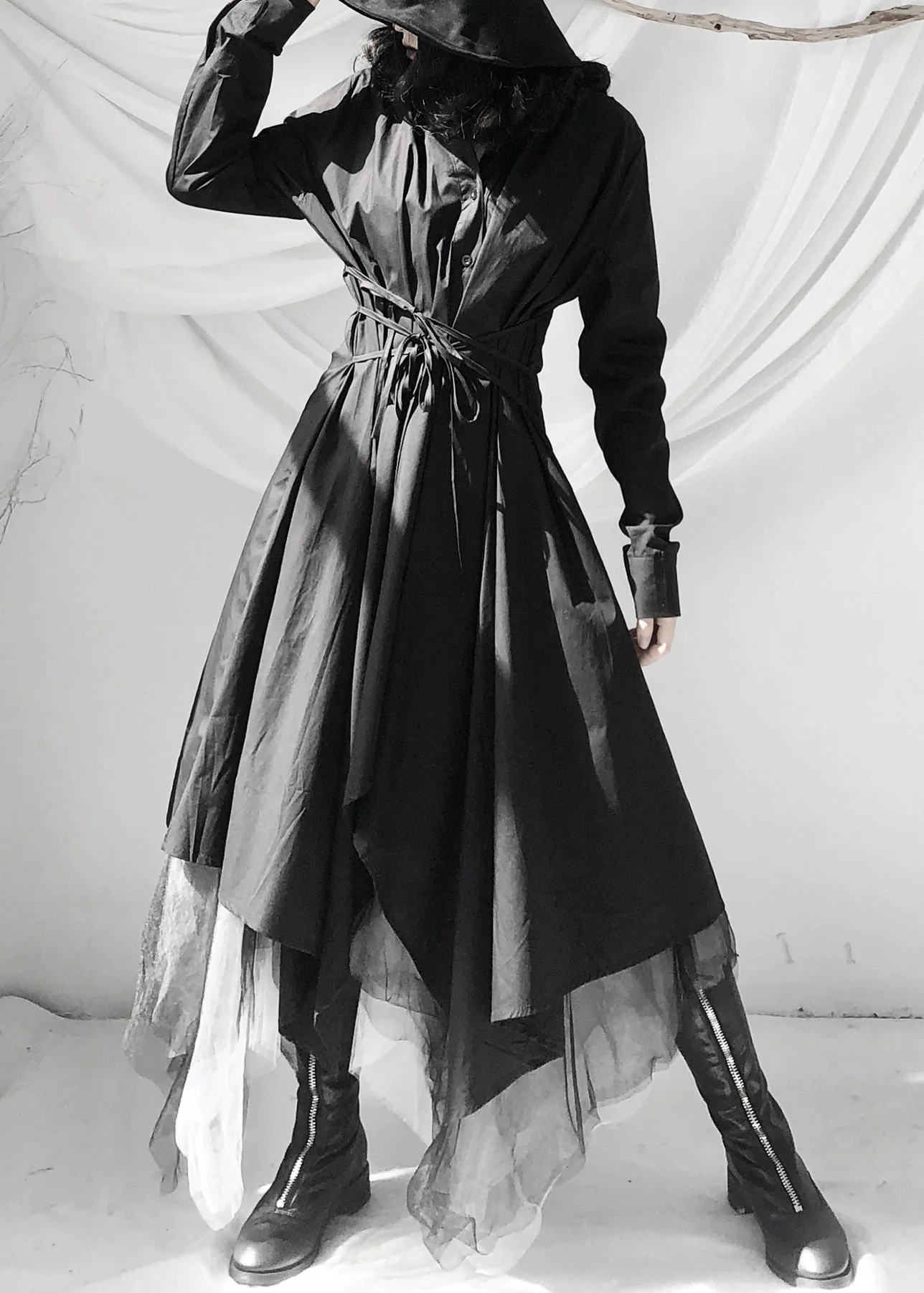 Women Black Peter Pan Collar Asymmetrical Tie Waist Long Shirts Dress Long Sleeve - republicanstateiWomen Black Peter Pan Collar Asymmetrical Tie Waist Long Shirts Dress Long Sleeve - republicanstatei