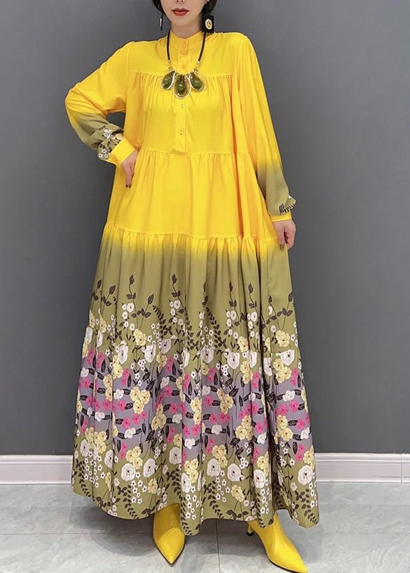 Fashion Yellow Stand Collar Print Patchwork Vacation Long Dresses Spring - republicanstateiFashion Yellow Stand Collar Print Patchwork Vacation Long Dresses Spring - republicanstatei