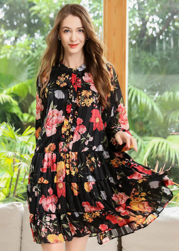 Women Black Stand Collar Patchwork Print Chiffon Pleated Dresses Spring - republicanstateiWomen Black Stand Collar Patchwork Print Chiffon Pleated Dresses Spring - republicanstatei