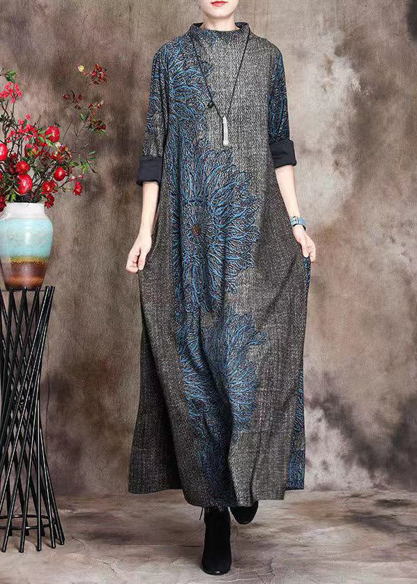 Handmade Blue Print Stand Collar Cashmere Vacation Dresses Long Sleeve - republicanstateiHandmade Blue Print Stand Collar Cashmere Vacation Dresses Long Sleeve - republicanstatei
