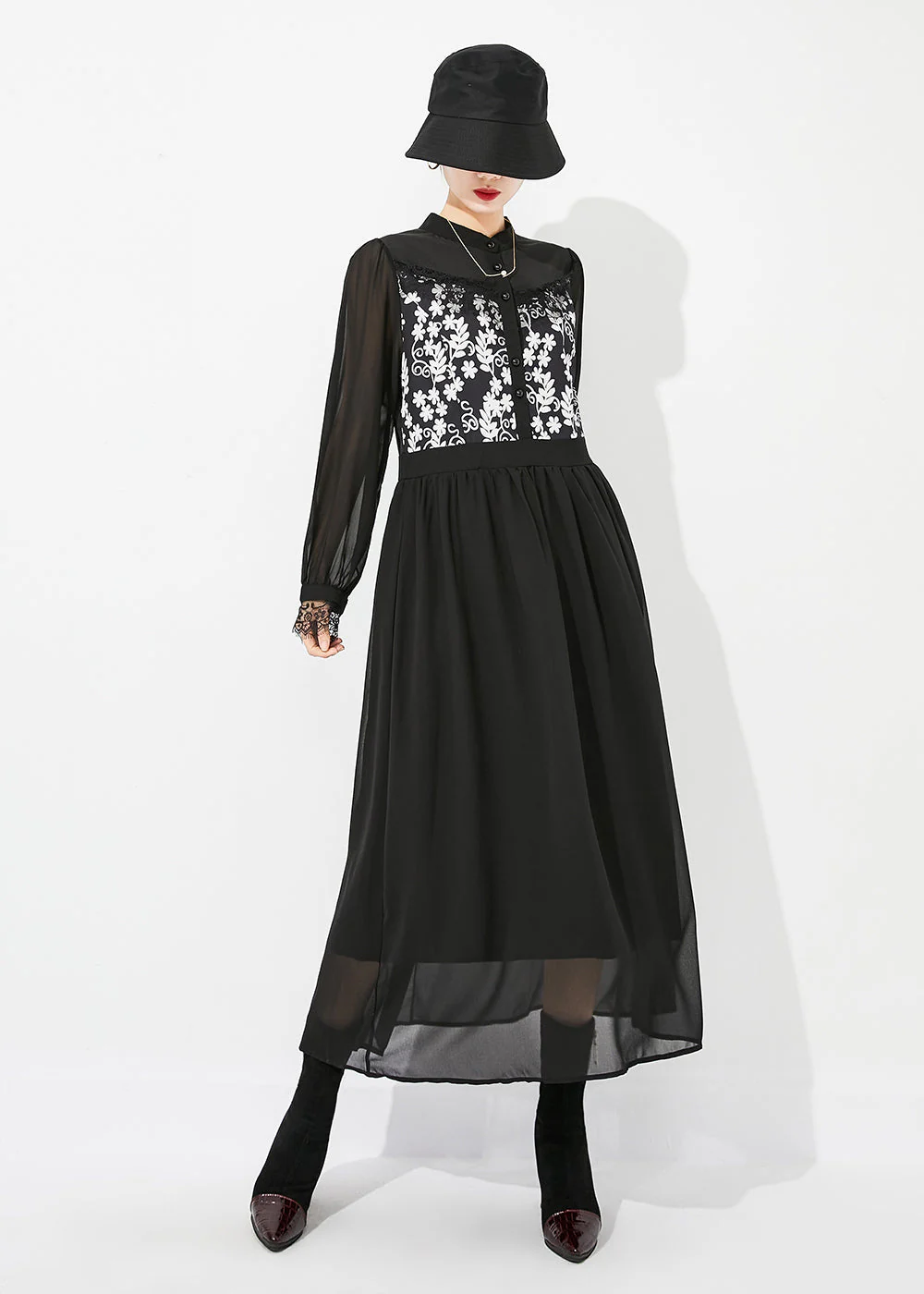 Italian Black Stand Collar Patchwork Exra Large Hem Chiffon Vacation Dresses Spring - republicanstateiItalian Black Stand Collar Patchwork Exra Large Hem Chiffon Vacation Dresses Spring - republicanstatei