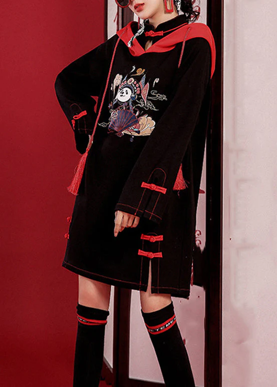 Elegant Black Print Drawstring Button Hooded Mid Dresses Long Sleeve - republicanstateiElegant Black Print Drawstring Button Hooded Mid Dresses Long Sleeve - republicanstatei