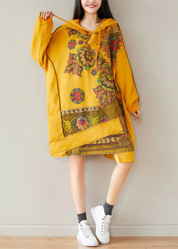 Plus Size Yellow Hooded Asymmetrical Design Patchwork Cotton Mid Dresses Spring - republicanstateiPlus Size Yellow Hooded Asymmetrical Design Patchwork Cotton Mid Dresses Spring - republicanstatei