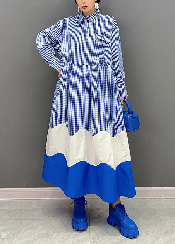 Elegant Blue Peter Pan Collar Patchwork Plaid Cotton Shirt Dresses Spring - republicanstateiElegant Blue Peter Pan Collar Patchwork Plaid Cotton Shirt Dresses Spring - republicanstatei
