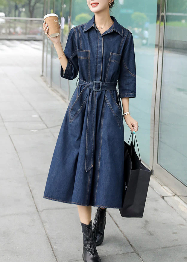 Bohemian Blue Peter Pan Collar Patchwork Sashes Long Denim Dresses Fall - republicanstateiBohemian Blue Peter Pan Collar Patchwork Sashes Long Denim Dresses Fall - republicanstatei