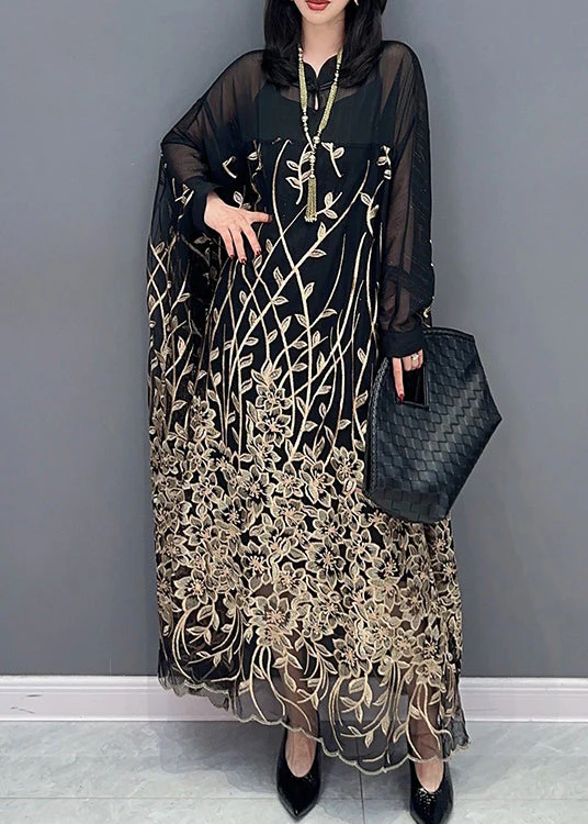 Classy Black Stand Collar Embroideried Button Tulle Maxi Dress Long Sleeve - republicanstateiClassy Black Stand Collar Embroideried Button Tulle Maxi Dress Long Sleeve - republicanstatei