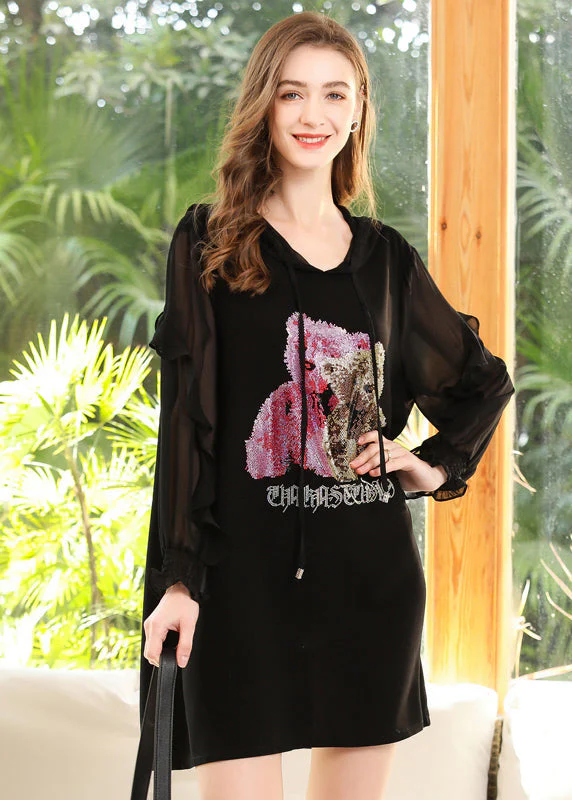 Chic Black Hooded Ruffles Bear Print Chiffon Sweatshirt Streetwear Dress Spring - republicanstateiChic Black Hooded Ruffles Bear Print Chiffon Sweatshirt Streetwear Dress Spring - republicanstatei