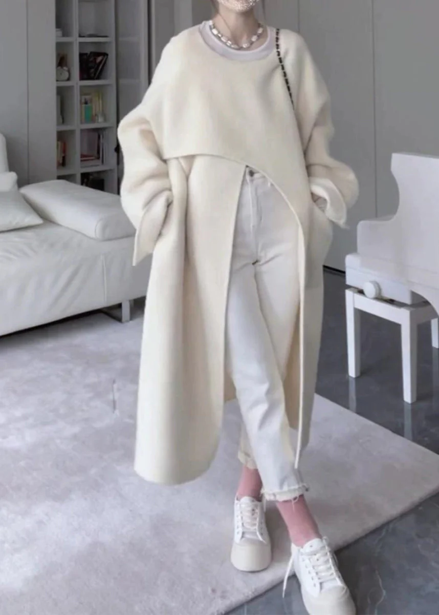 Italian Beige Asymmetrical Pockets Side Open Oversized Woolen Coat Spring - republicanstateiItalian Beige Asymmetrical Pockets Side Open Oversized Woolen Coat Spring - republicanstatei