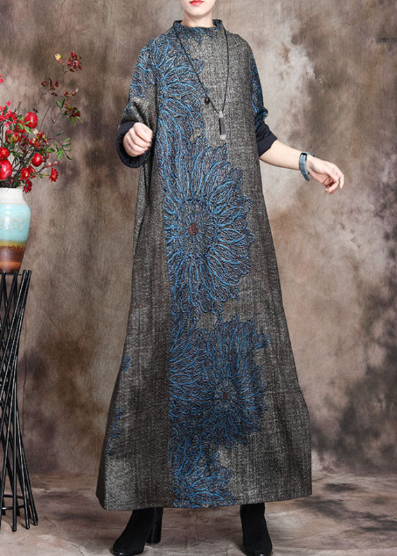 Handmade Blue Print Stand Collar Cashmere Vacation Dresses Long Sleeve - republicanstateiHandmade Blue Print Stand Collar Cashmere Vacation Dresses Long Sleeve - republicanstatei