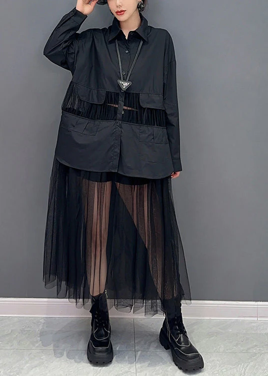 Art Black Peter Pan Collar Tulle Patchwork Hollow Out Cotton Dress Spring - republicanstateiArt Black Peter Pan Collar Tulle Patchwork Hollow Out Cotton Dress Spring - republicanstatei