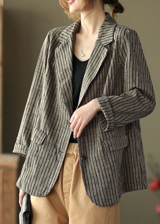 Slim Fit Khaki Notched Collar Button Pockets Striped Cotton Linen Coats Long Sleeve - republicanstateiSlim Fit Khaki Notched Collar Button Pockets Striped Cotton Linen Coats Long Sleeve - republicanstatei