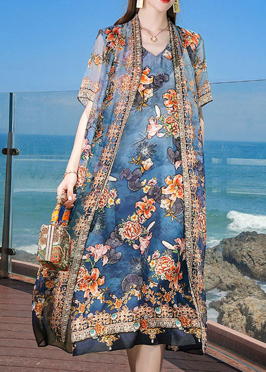 Fine Blue V Neck Print 2024 Silk Fake Two Piece Vacation Dresses Short Sleeve - republicanstateiFine Blue V Neck Print 2024 Silk Fake Two Piece Vacation Dresses Short Sleeve - republicanstatei