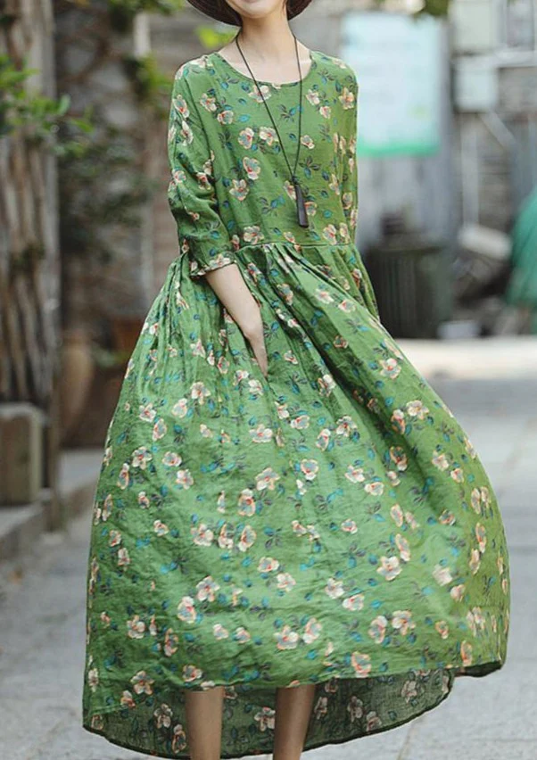 2018 green print natural linen dress Loose fitting O neck linen clothing dresses 2018 Three Quarter sleeve baggy dresses - republicanstatei2018 green print natural linen dress Loose fitting O neck linen clothing dresses 2018 Three Quarter sleeve baggy dresses - republicanstatei
