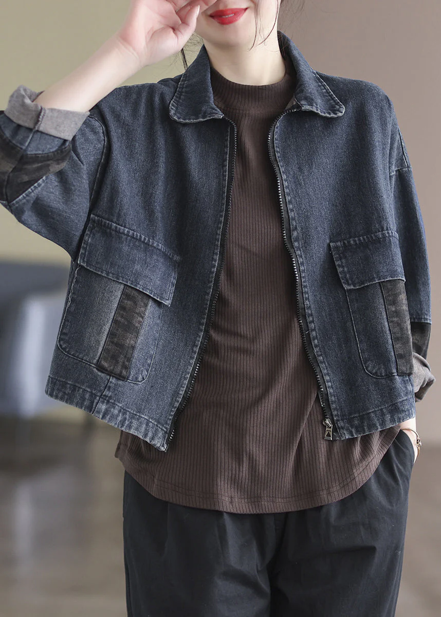 Vintage Blue Peter Pan Collar Patchwork Pockets Denim Coats Long Sleeve - republicanstateiVintage Blue Peter Pan Collar Patchwork Pockets Denim Coats Long Sleeve - republicanstatei