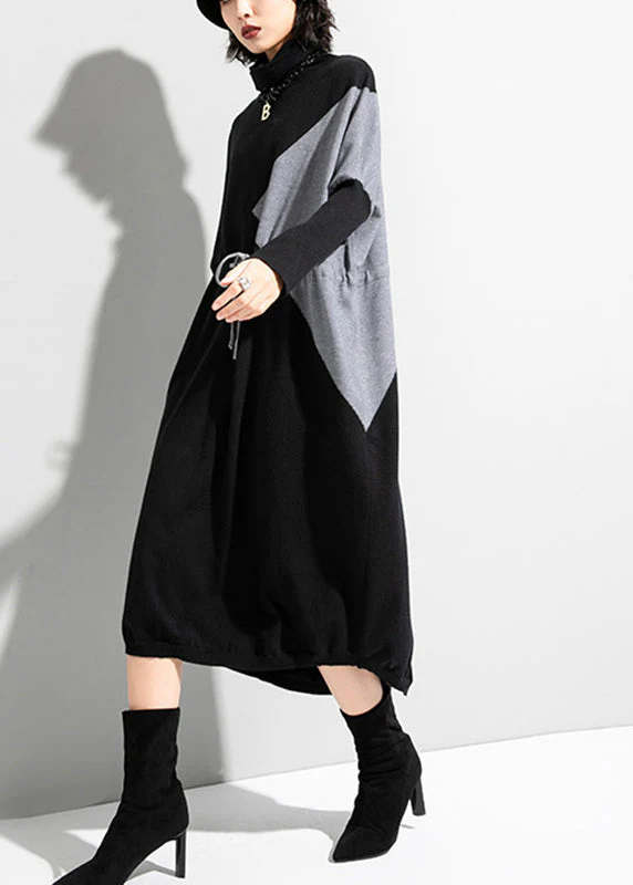 Unique Black Grey Turtleneck Patchwork Drawstring Tie Waist Knit Holiday Dress Long Sleeve - republicanstateiUnique Black Grey Turtleneck Patchwork Drawstring Tie Waist Knit Holiday Dress Long Sleeve - republicanstatei