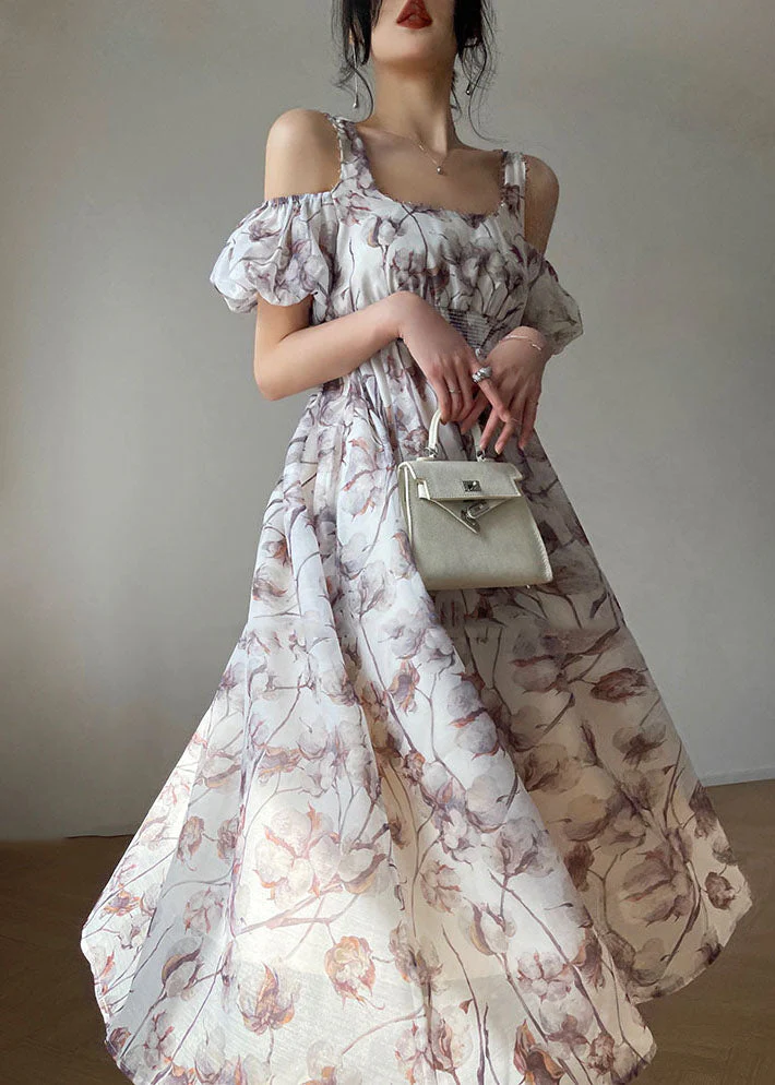 Bohemian White Elastic Waist Cold Shoulder Print Silk Strap Dresses Puff Sleeve - republicanstateiBohemian White Elastic Waist Cold Shoulder Print Silk Strap Dresses Puff Sleeve - republicanstatei