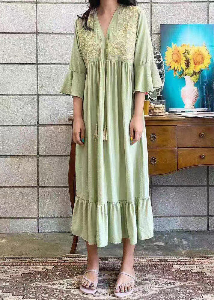 Beautiful Apricot V Neck Embroideried Ruffled Tassel Tie Waist Long Dresses Flare Sleeve - republicanstateiBeautiful Apricot V Neck Embroideried Ruffled Tassel Tie Waist Long Dresses Flare Sleeve - republicanstatei