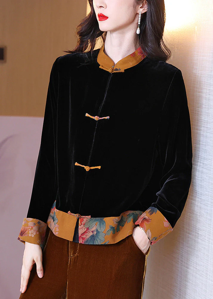 Retro Black Stand Collar Print Patchwork Button Velour Coats Long Sleeve - republicanstateiRetro Black Stand Collar Print Patchwork Button Velour Coats Long Sleeve - republicanstatei