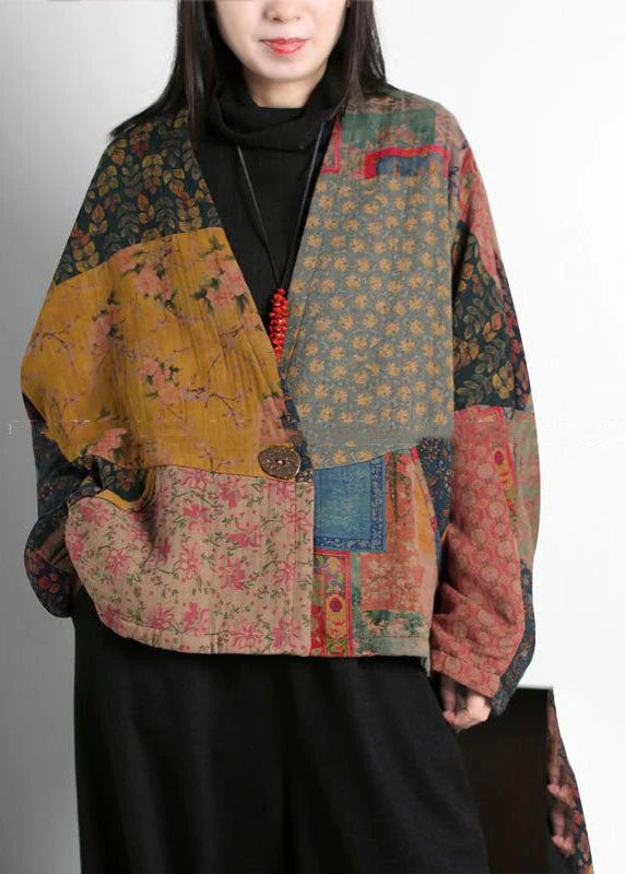 Vintage Colorblock V Neck Patchwork Print Fine Cotton Filled Coats Batwing Sleeve - republicanstateiVintage Colorblock V Neck Patchwork Print Fine Cotton Filled Coats Batwing Sleeve - republicanstatei