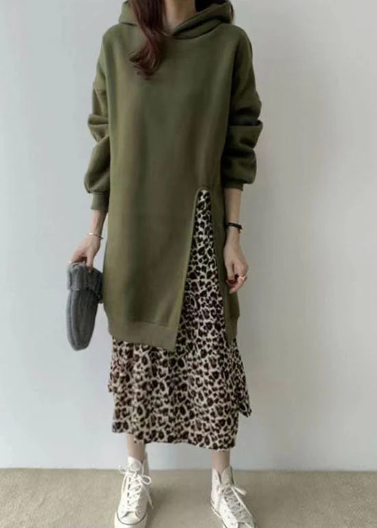 Loose Green Hooded Patchwork Leopard False Two Pieces Warm Fleece Dress Long Sleeve - republicanstateiLoose Green Hooded Patchwork Leopard False Two Pieces Warm Fleece Dress Long Sleeve - republicanstatei