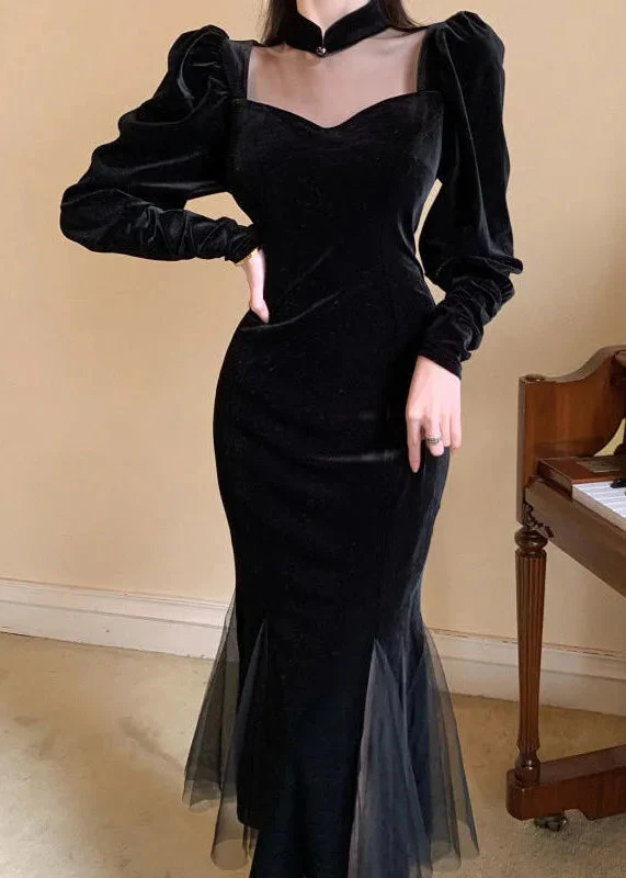Style Black Stand Collar Wrinkled Patchwork Velour Dresses Puff Sleeve - republicanstateiStyle Black Stand Collar Wrinkled Patchwork Velour Dresses Puff Sleeve - republicanstatei