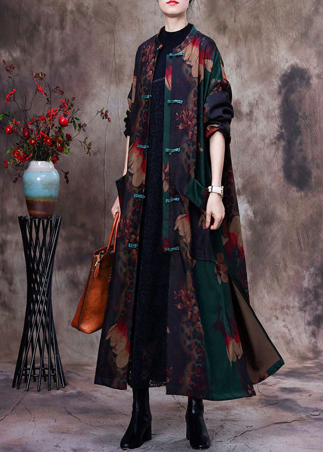 Bohemian Green Print Patchwork Side Open Oriental Button Cotton Trench Coat Long Sleeve - republicanstateiBohemian Green Print Patchwork Side Open Oriental Button Cotton Trench Coat Long Sleeve - republicanstatei