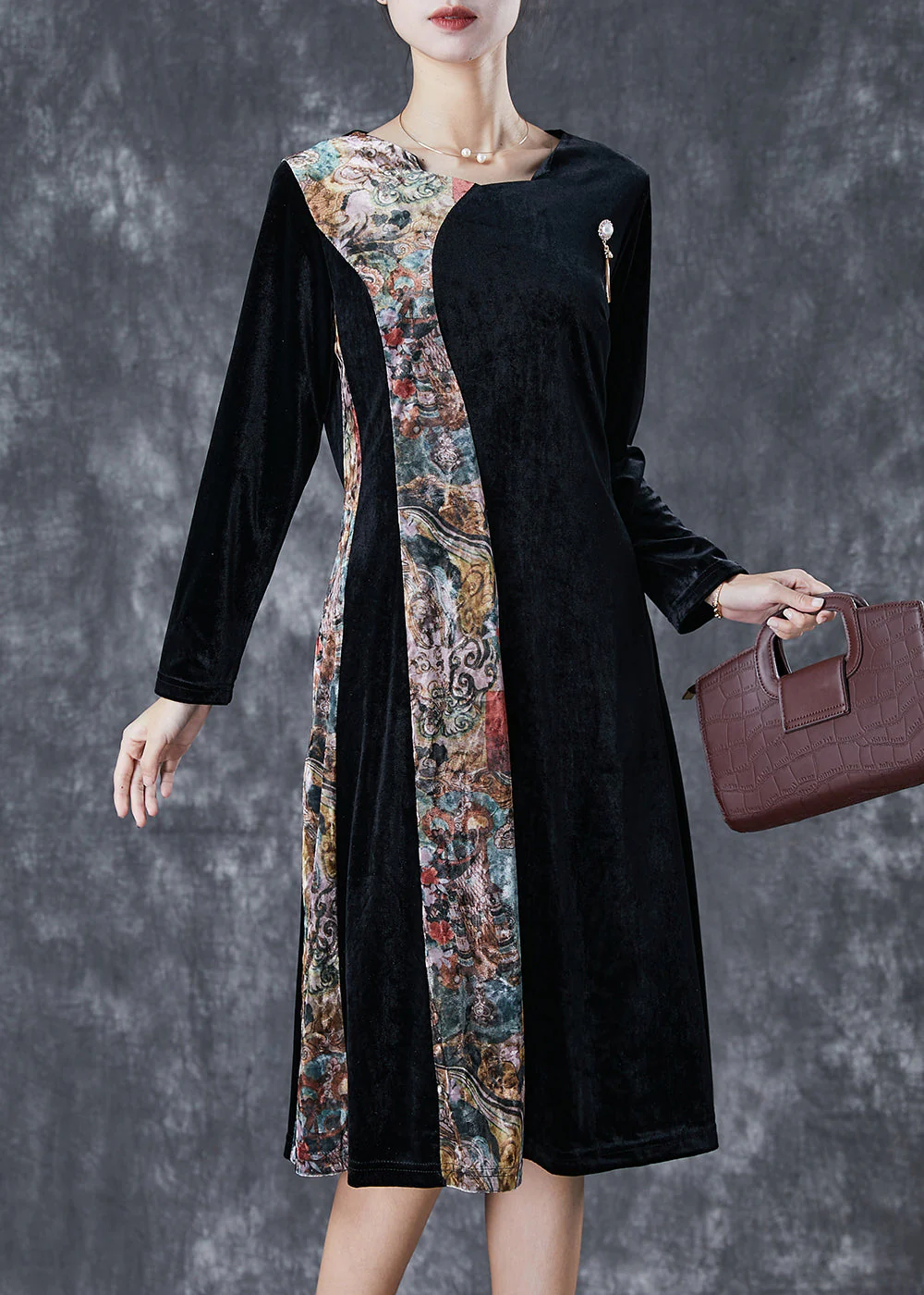Beautiful Black Exra Large Hem Patchwork Silk Velour Vacation Dresses Fall - republicanstateiBeautiful Black Exra Large Hem Patchwork Silk Velour Vacation Dresses Fall - republicanstatei