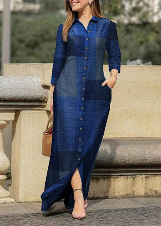 Plus Size Blue Peter Pan Collar Plaid Button Maxi Shirt Dresses Spring - republicanstateiPlus Size Blue Peter Pan Collar Plaid Button Maxi Shirt Dresses Spring - republicanstatei