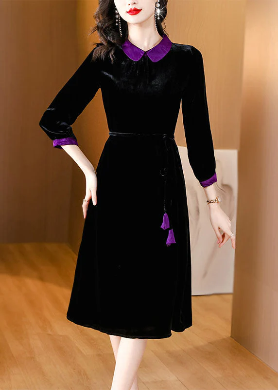 Boho Black Peter Pan Collar Patchwork Silk Velour Maxi Dresses Long Sleeve - republicanstateiBoho Black Peter Pan Collar Patchwork Silk Velour Maxi Dresses Long Sleeve - republicanstatei