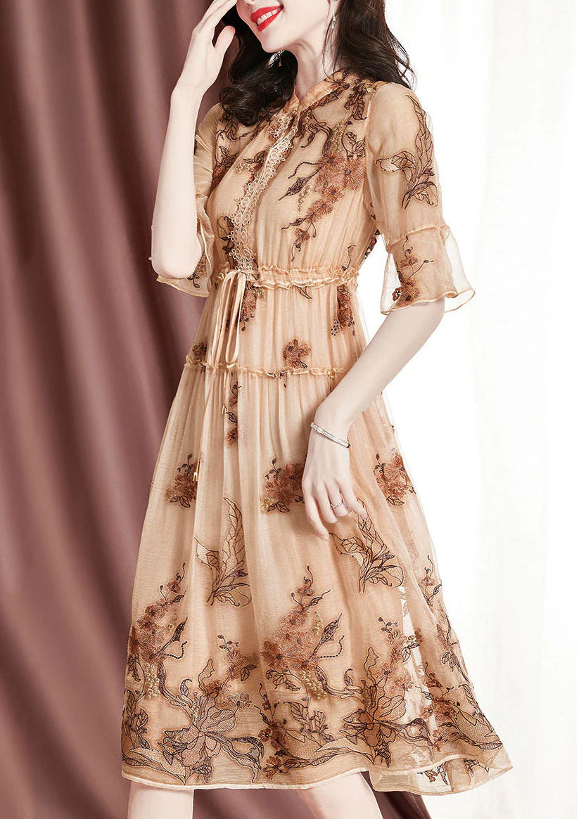 Italian Apricot Stand Collar Ruffled Tie Waist Silk Cinch Dress Short Sleeve - republicanstateiItalian Apricot Stand Collar Ruffled Tie Waist Silk Cinch Dress Short Sleeve - republicanstatei