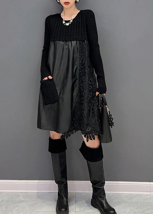 Modern Black O-Neck Embroideried Knit Patchwork Faux Leather Mid Dress Winter - republicanstateiModern Black O-Neck Embroideried Knit Patchwork Faux Leather Mid Dress Winter - republicanstatei