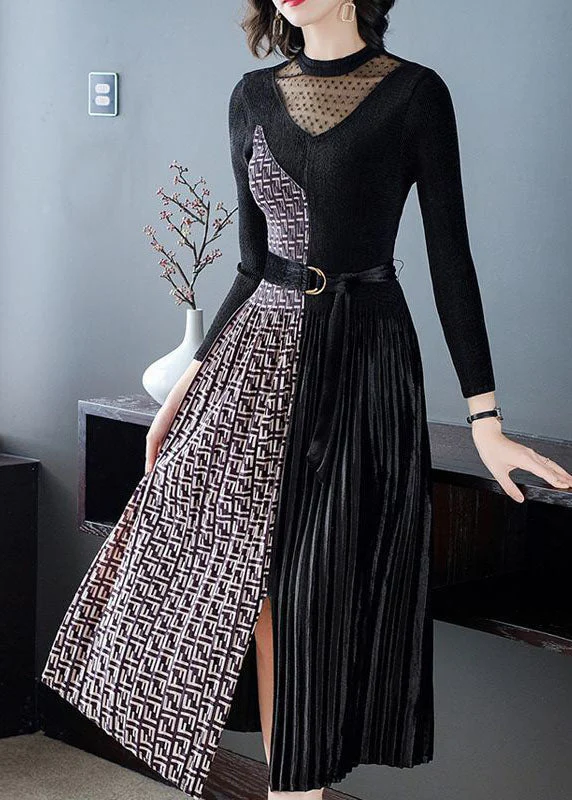 French Black Cinched Patchwork Side Open Silk Velour Maxi Dress Spring - republicanstateiFrench Black Cinched Patchwork Side Open Silk Velour Maxi Dress Spring - republicanstatei