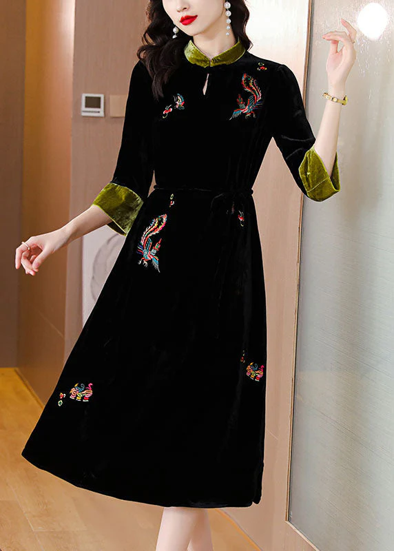Handmade Black Stand Collar Embroidered Pockets Silk Velour Long Dresses Long Sleeve - republicanstateiHandmade Black Stand Collar Embroidered Pockets Silk Velour Long Dresses Long Sleeve - republicanstatei
