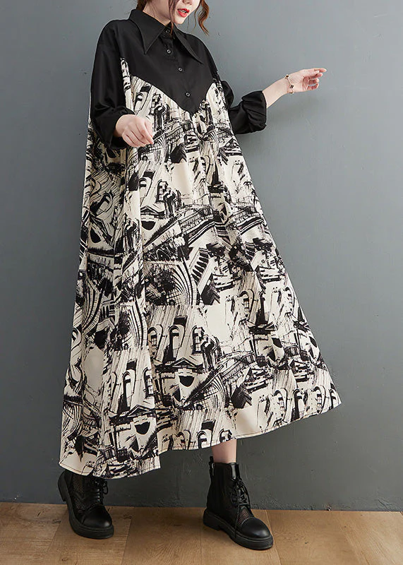 Plus Size Black Peter Pan Collar Print Patchwork Button Maxi Dress Long Sleeve - republicanstateiPlus Size Black Peter Pan Collar Print Patchwork Button Maxi Dress Long Sleeve - republicanstatei