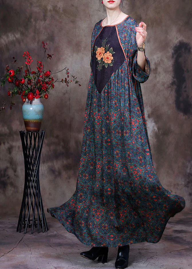 Plus Size Green O-Neck Patchwork Print Exra Large Hem Silk Maxi Dresses Long Sleeve - republicanstateiPlus Size Green O-Neck Patchwork Print Exra Large Hem Silk Maxi Dresses Long Sleeve - republicanstatei