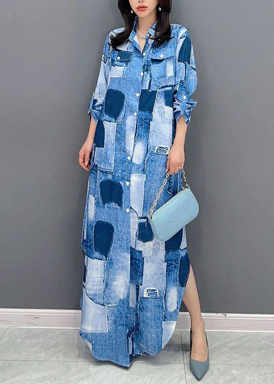 Art Blue Peter Pan Collar Patchwork Button Long Shirts Dress Long Sleeve - republicanstateiArt Blue Peter Pan Collar Patchwork Button Long Shirts Dress Long Sleeve - republicanstatei
