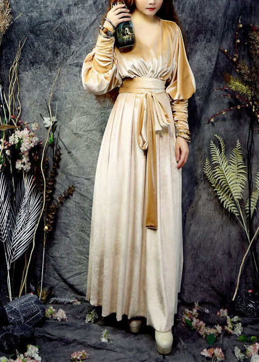 Women Yellow V Neck Exra Large Hem Silk Velour Cinch Long Dresses Long Sleeve - republicanstateiWomen Yellow V Neck Exra Large Hem Silk Velour Cinch Long Dresses Long Sleeve - republicanstatei
