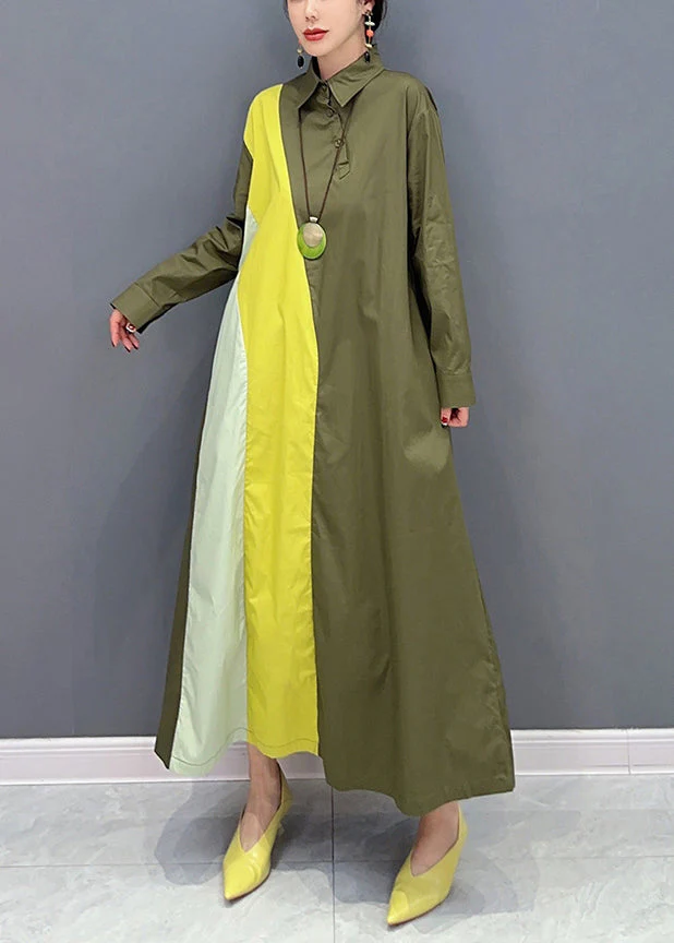 Plus Size Army Green Peter Pan Collar Patchwork Cotton Maxi Dresses Spring - republicanstateiPlus Size Army Green Peter Pan Collar Patchwork Cotton Maxi Dresses Spring - republicanstatei