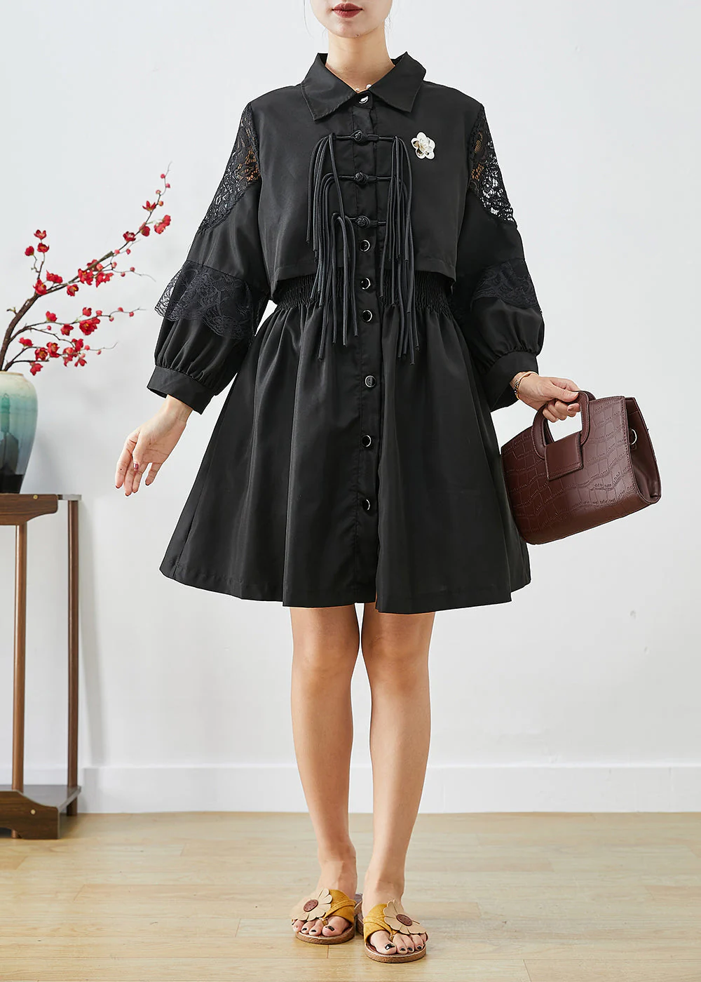 French Black Tasseled Cinched Patchwork Cotton Fake Two Piece Shirt Dresses Fall - republicanstateiFrench Black Tasseled Cinched Patchwork Cotton Fake Two Piece Shirt Dresses Fall - republicanstatei
